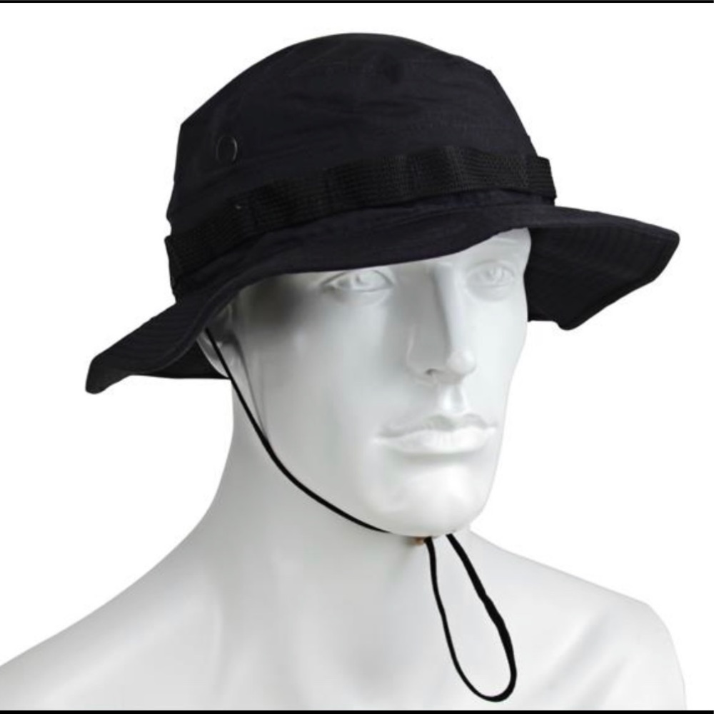 Black bucket hat with adjustable string